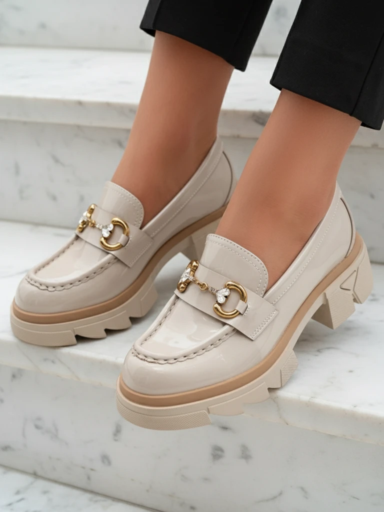 Лакирани бежови дамски мокасини с кристали Inriw - Обувки