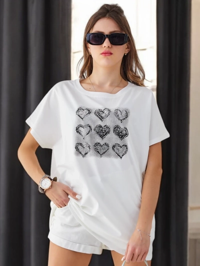 Royalfashion Жена Коприна Кафе Т-Shirt Много Сърца