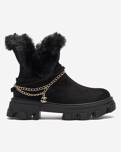 Черни дамски ботуши от еко велур с верижка Videric - Обувки