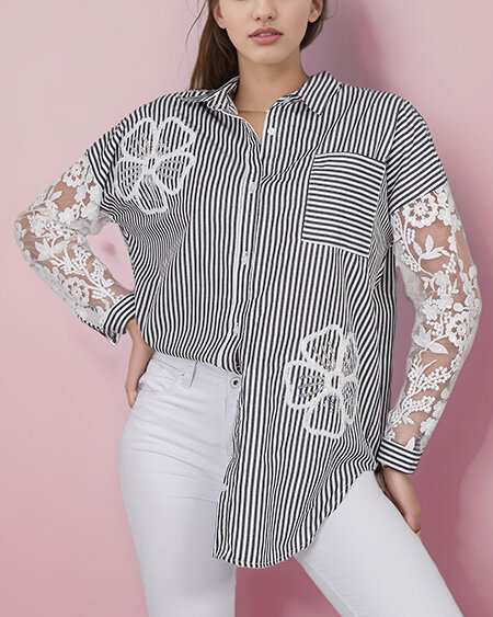 Royalfashion Дамска раирана риза с дантела