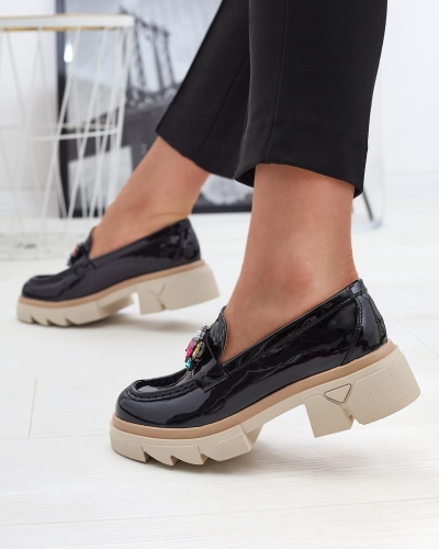 Лакирани черни мокасини с цветни камъни Sarix - Обувки