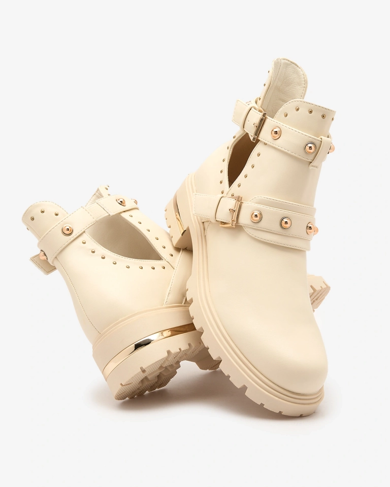 Royalfashion Кремави дамски ботуши с украса Jewel Walk на плосък ток