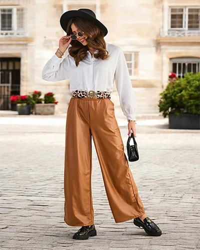 Royalfashion Широки дамски панталони от еко-кожа