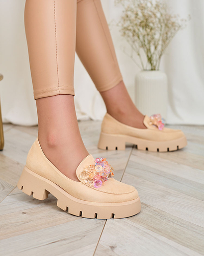 Royalfashion Бежови дамски мокасини с цветни кристали Crystal Glam