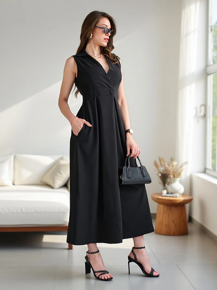 Дамска безръкавица рокля Royalfashion с обгръщаща яка Bizness