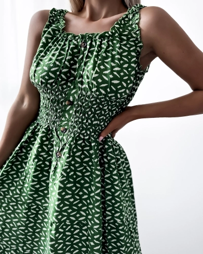 Дамска рокля с дължина до коляното и принт в тъмнозелено - Облекло