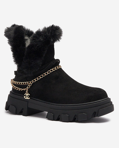 Черни дамски ботуши от еко велур с верижка Videric - Обувки