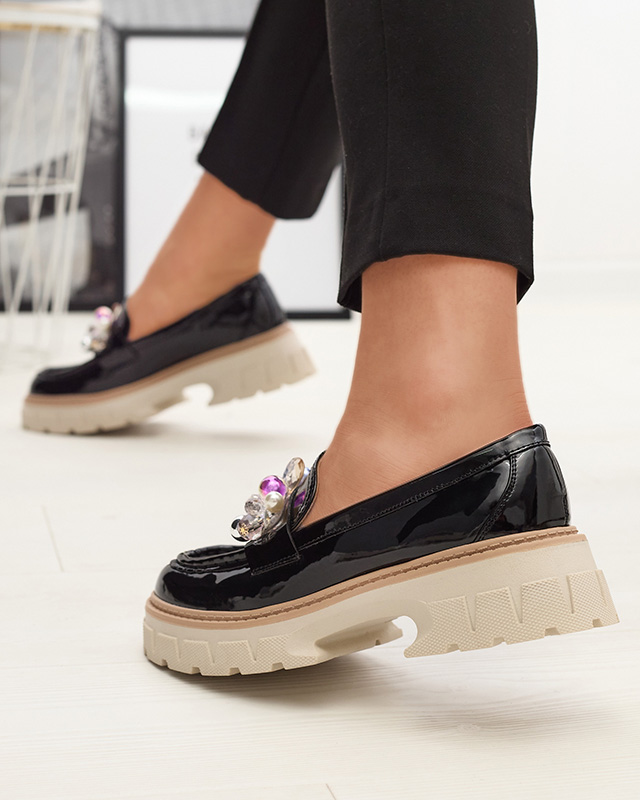 Черни лакирани дамски мокасини с орнамент Leliab- Footwear