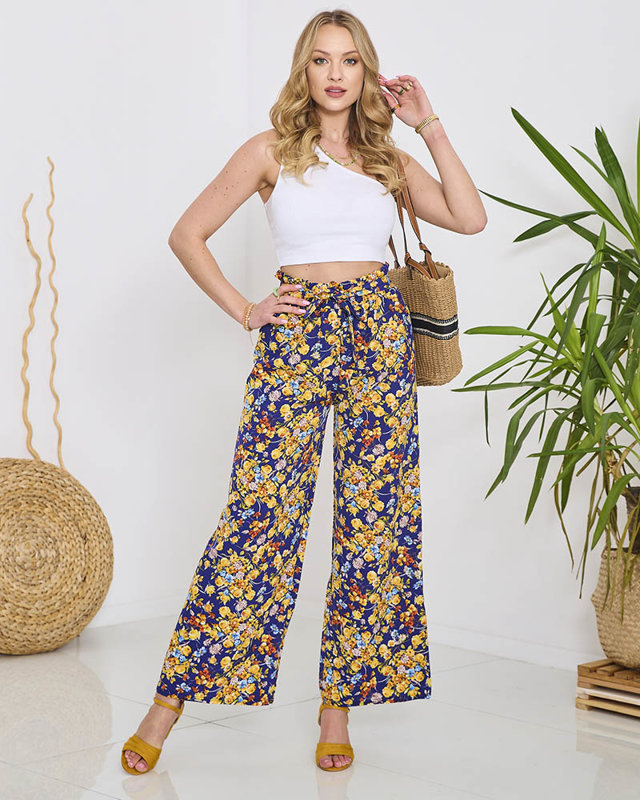 Дамски сини панталони палацо с тъмносини цветя - Облекло