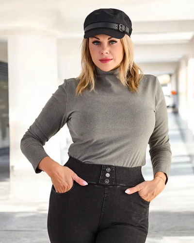 Дамски пуловер с висока яка в тъмно зелен цвят - Clothing