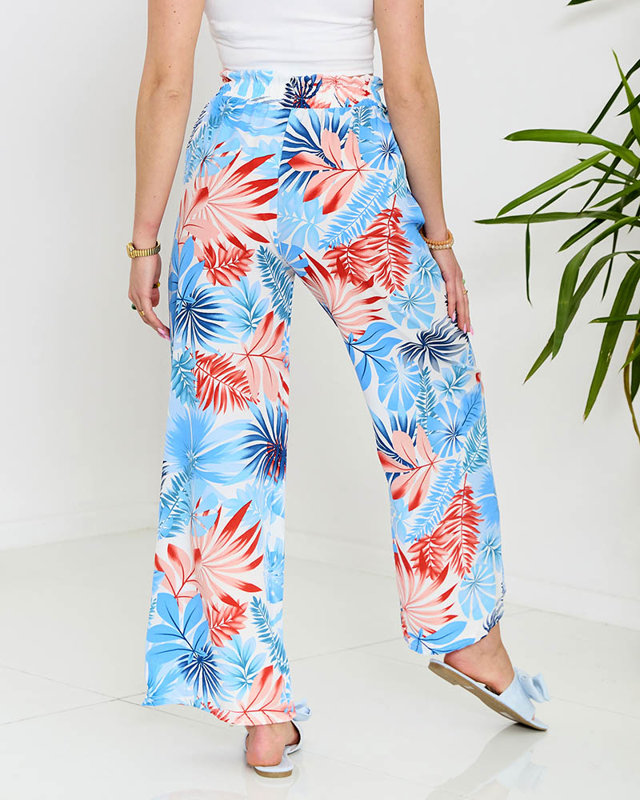 Сини дамски панталони палацо с флорален десен - Облекло