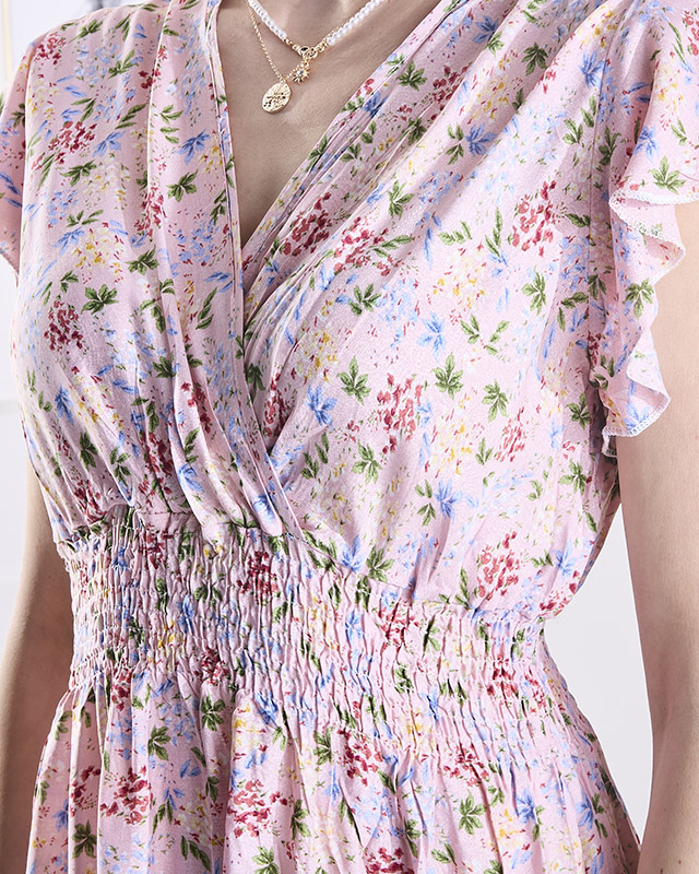 Розова дамска флорална миди рокля - Облекло