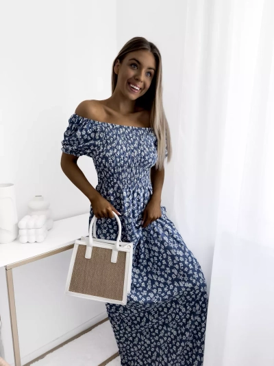 Синя дамска макси рокля с флорален десен - Облекло