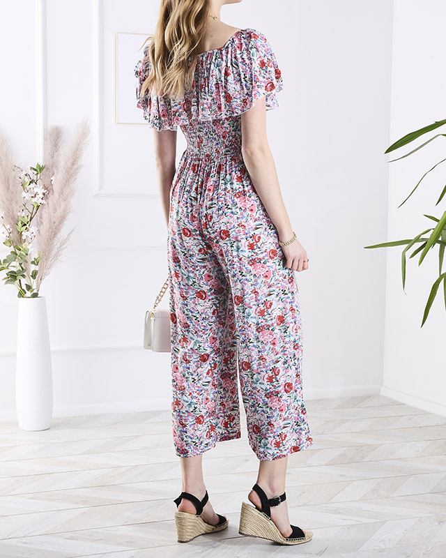 Дълъг дамски гащеризон с флорални мотиви в бяло и розово - Облекло