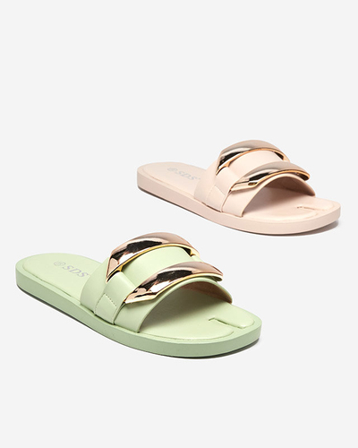 Zielone damskie klapki z dużą złotą ozdobą Kedino - Obuwie