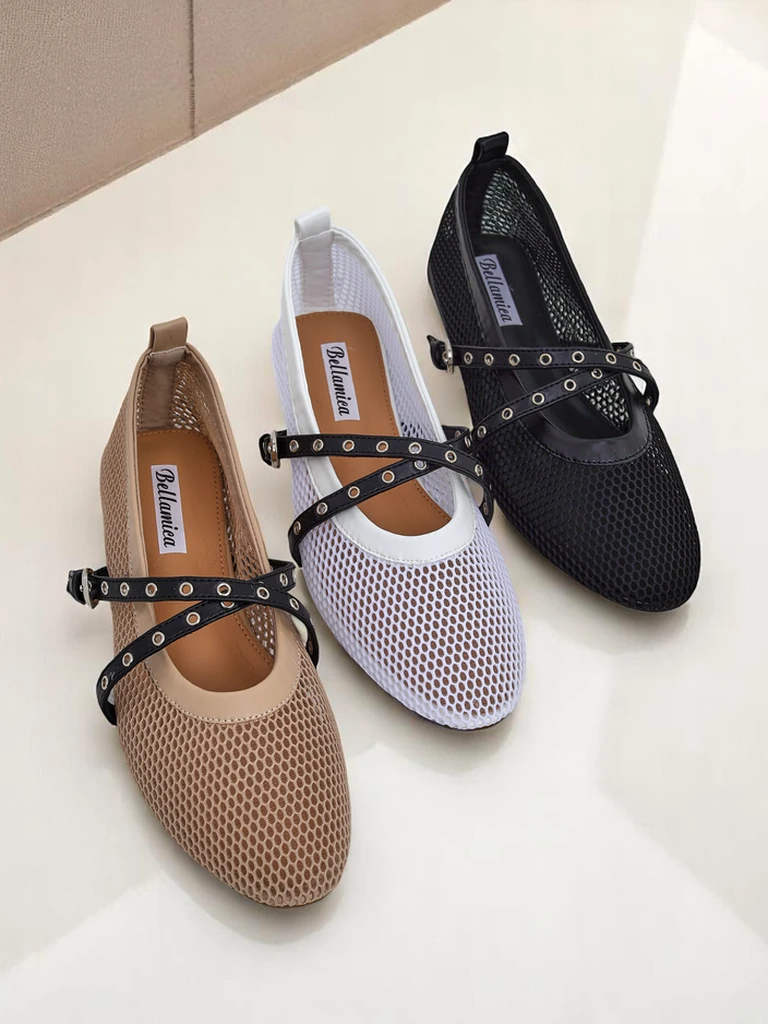 Балеринки Royalfashion Calista Bianca – мрежести бели дамски обувки с черни ленти