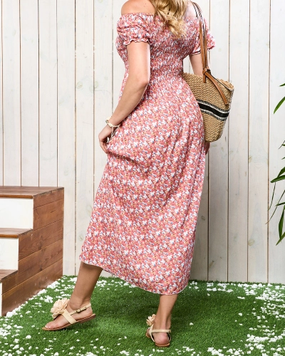 Коралова дамска миди рокля с флорален десен - Облекло