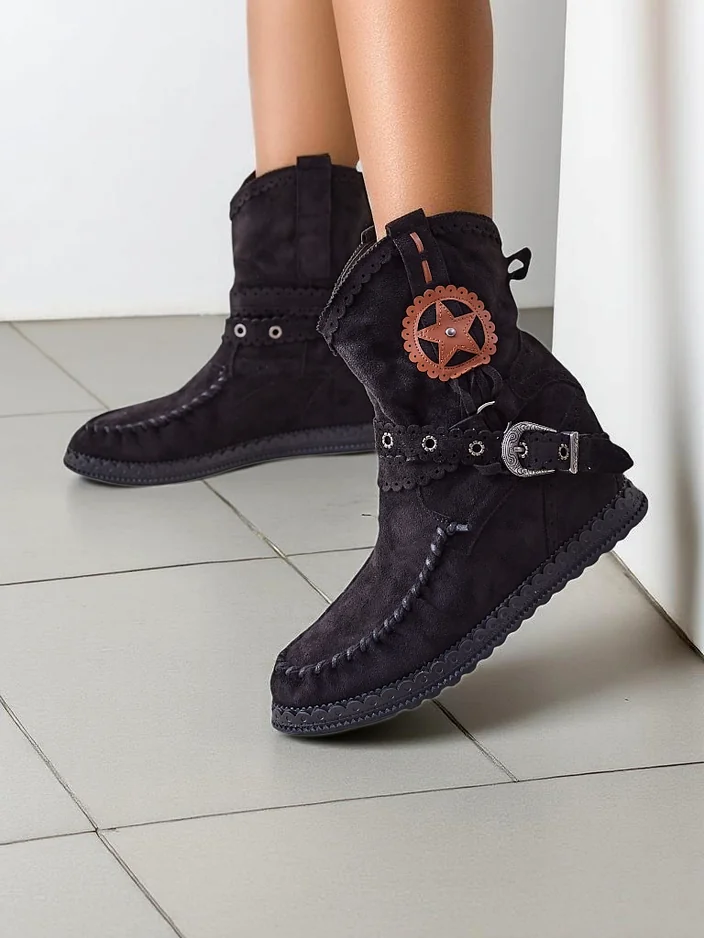 Royalfashion Жени боти до глезена на нисък клин Indianas