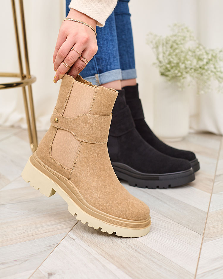 Royalfashion Бежови дамски ботуши с декоративна каишка Doasa