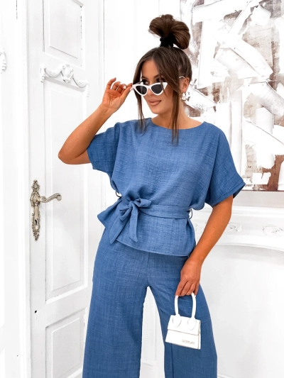 Royalfashion Женски комплект с блуза с къс ръкав и широки панталони