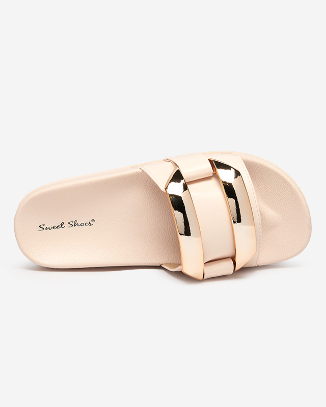 Beżowe damskie klapki ze złotą ozdobą Serina - Obuwie