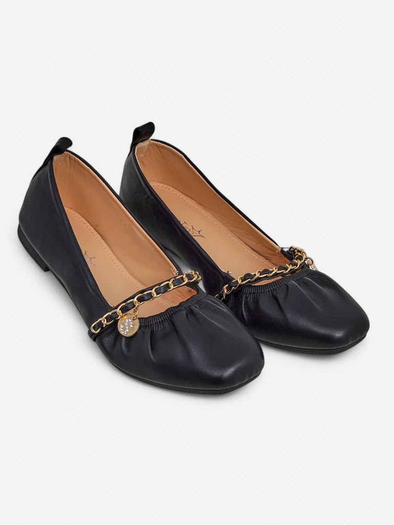 Дамски балеринки Ariadna Nero – черни, плоски, екологична кожа, златна украса