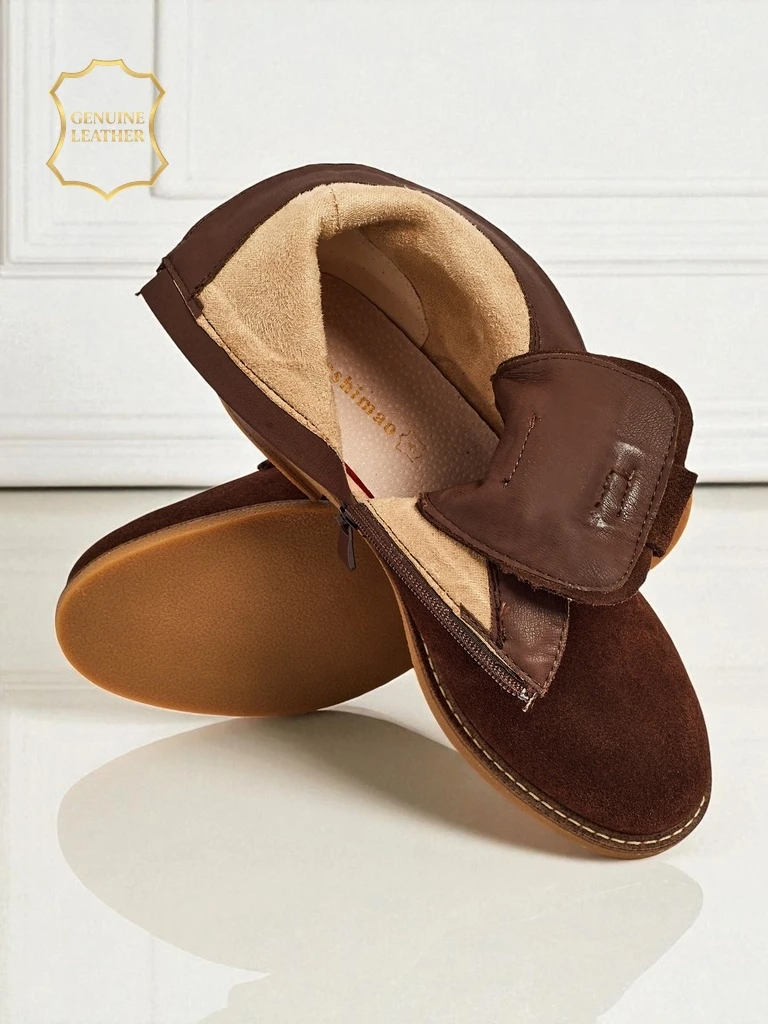 Aurelia Кафяви Велурени Боти с Подплата Ажурни Елегантни 2,5см