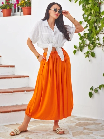 Royalfashion Дамска Вискозова Миди Пола Лято Лека с Две Джобове