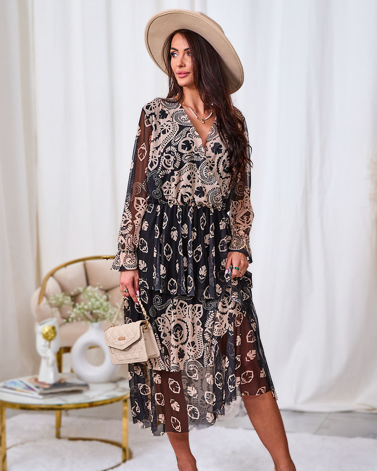 Royalfashion Черно-бежова мрежеста миди рокля с принт