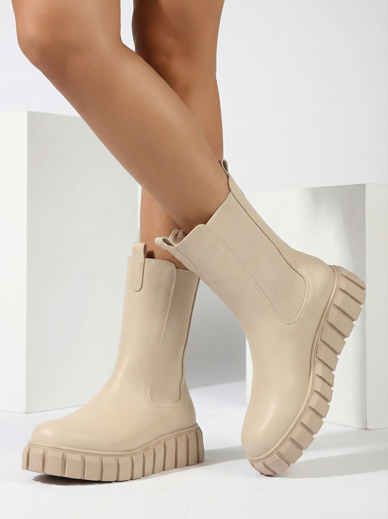 Royalfashion Дамски ботуши с висок плосък ток в екрю Elicane