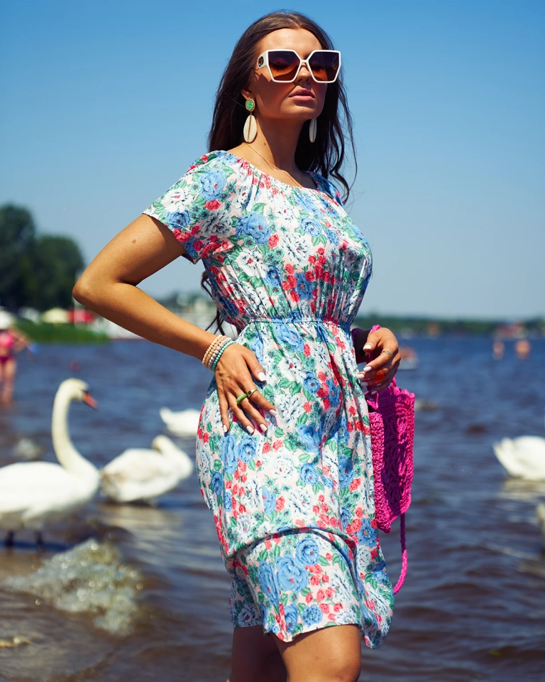 Royalfashion Дамска мини рокля с флорални мотиви a'la hiszpanka в синьо