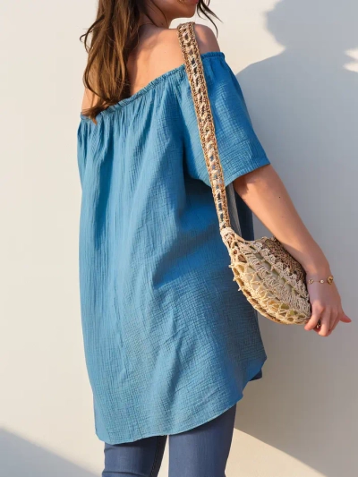 Royalfashion дамска памучна блуза в испански стил с декоративни копчета