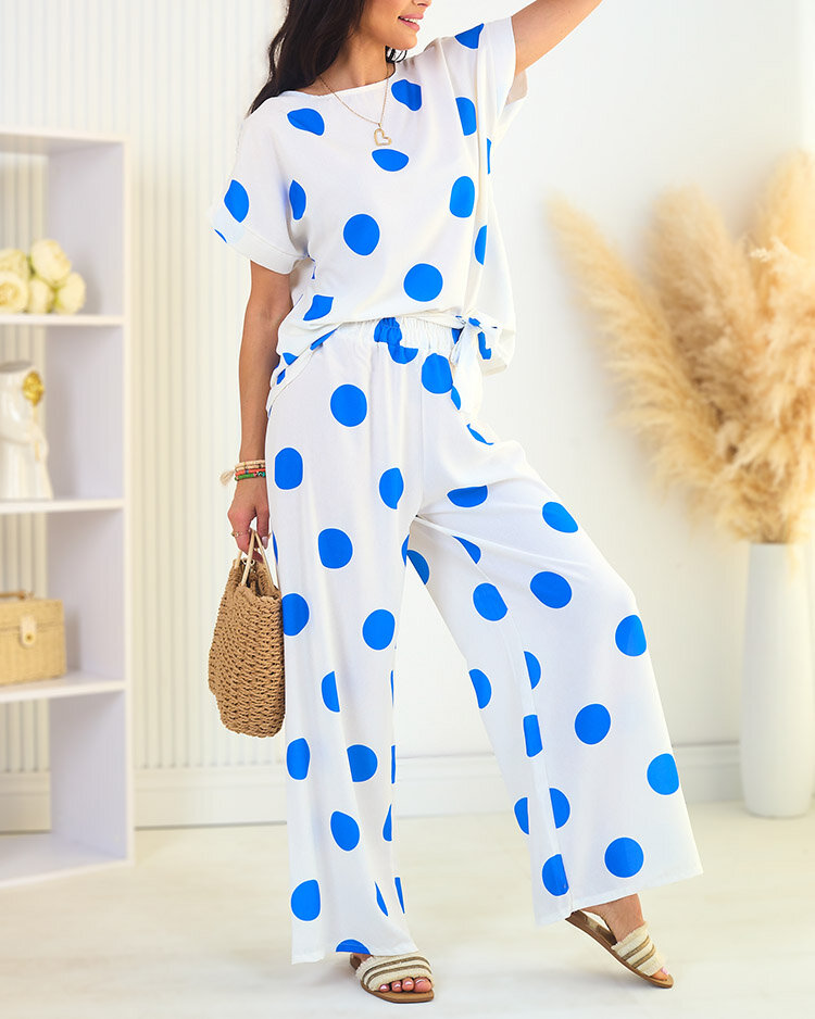 Royalfashion Дамски комплект с грах в кобалтово бяло