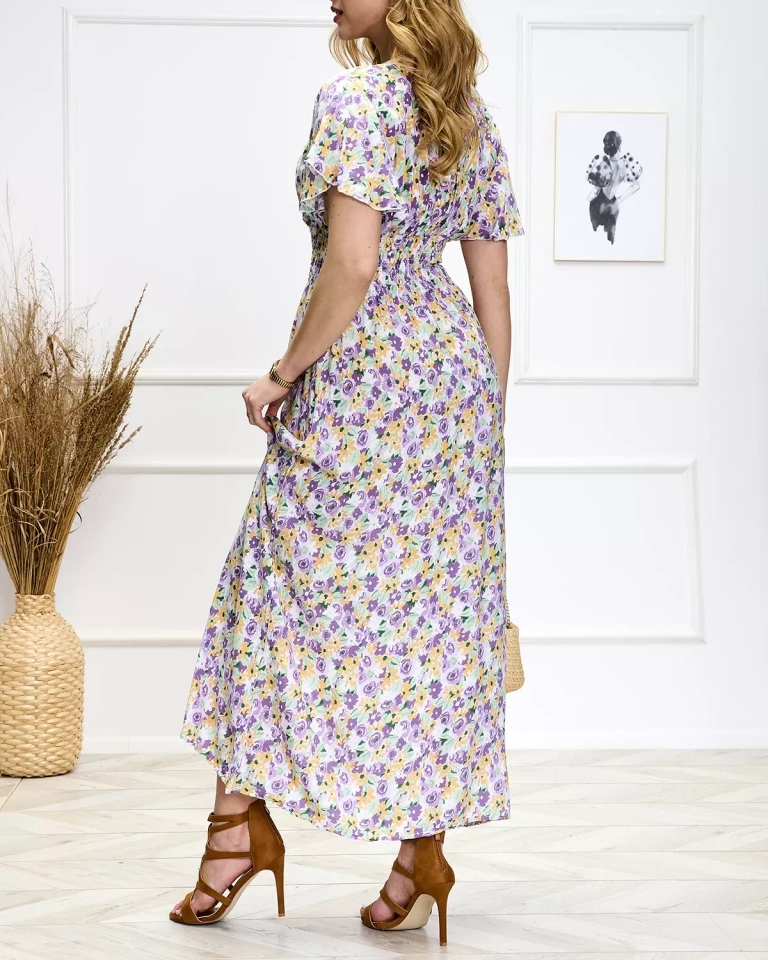 Дамска флорална миди рокля в лилаво-зелено - Обувки