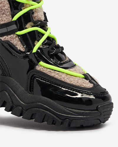 Черни дамски спортни обувки с кожа и неоново жълти връзки Adbo- Footwear