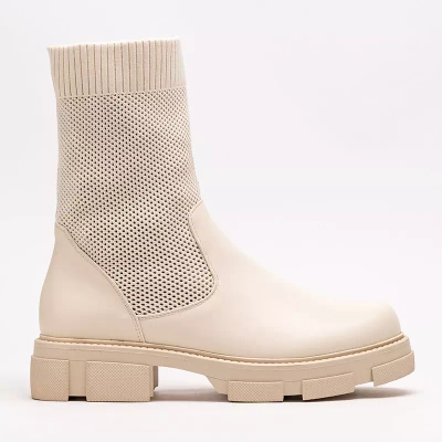 OUTLET Ażurowe beżowe damskie botki na płaskim obcasie Roibu - Obuwie