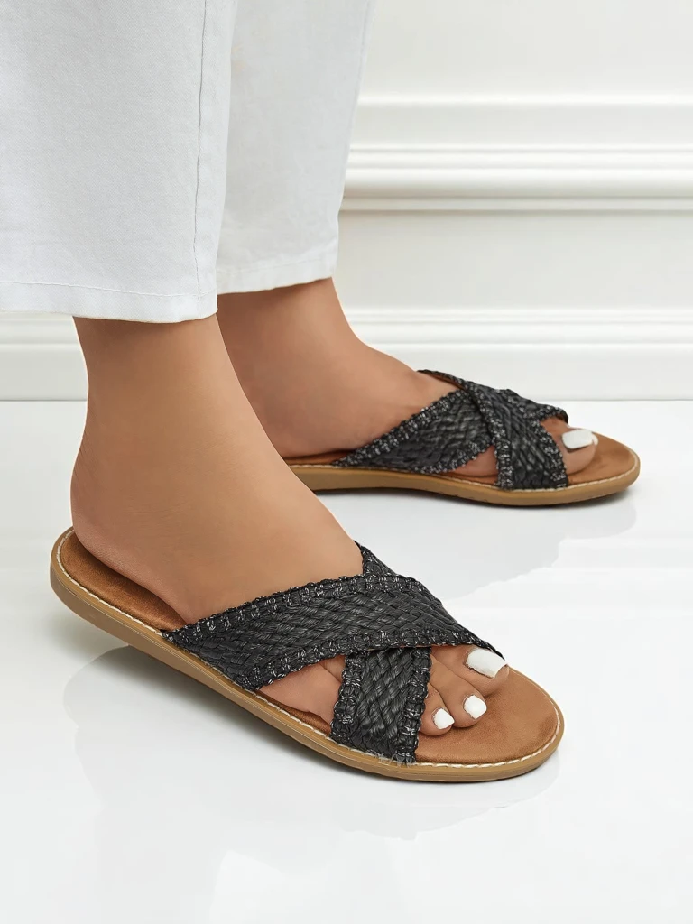Дамски сандали Calista Nero плоски, черна плетка, екологична кожа