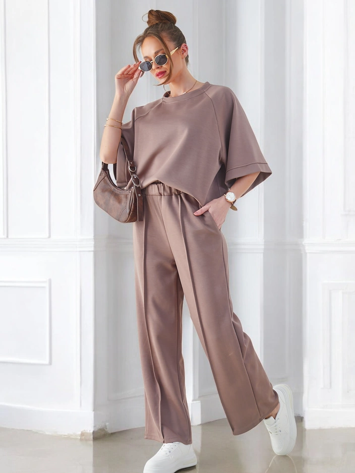 Royalfashion женски комплект с къс ръкав и широки панталони