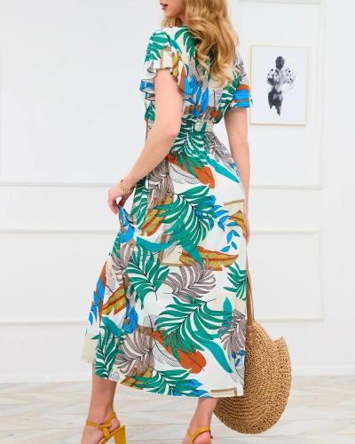 Бяла дамска дълга рокля с цветна флорална шарка - Облекло