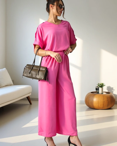 Royalfashion Дамски casual комплект с блуза с къс ръкав и широки панталони