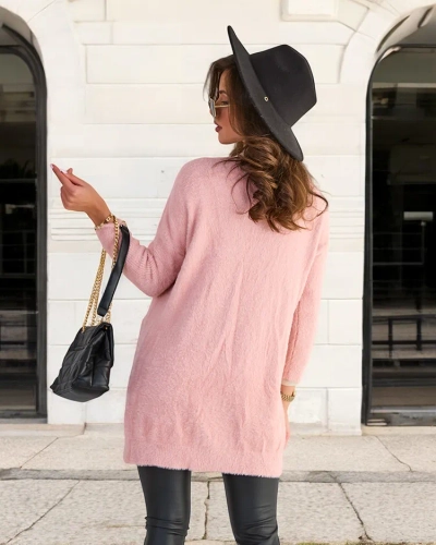 Różowy damski miękki długi sweter narzutka - Odzież