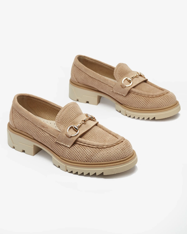 Royalfashion Светлокафяви ажурни дамски мокасини с верижка Imerila