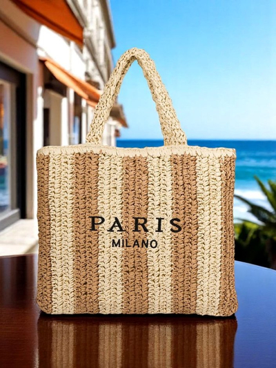 Royalfashion Голяма дамска чанта от слама, Сламени райета