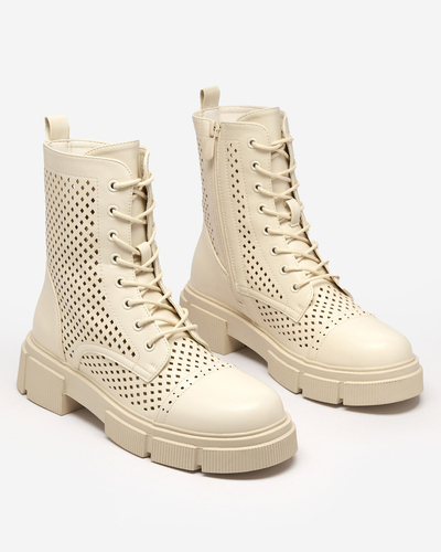 Ажурни бежови дамски боти с плосък ток Rolika - Обувки