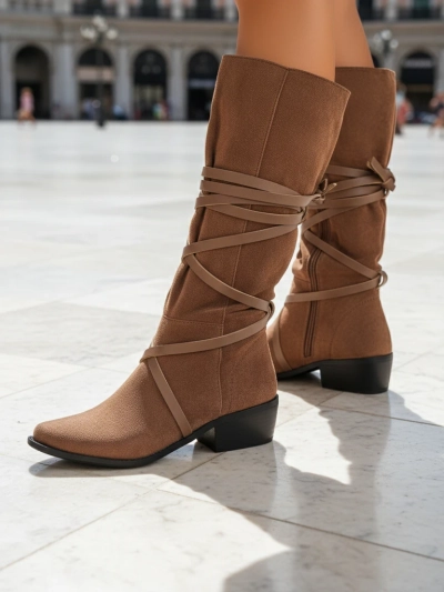 Дамски ботуши Ambrosia кафяви от еко велур на плосък ток 4,5 см