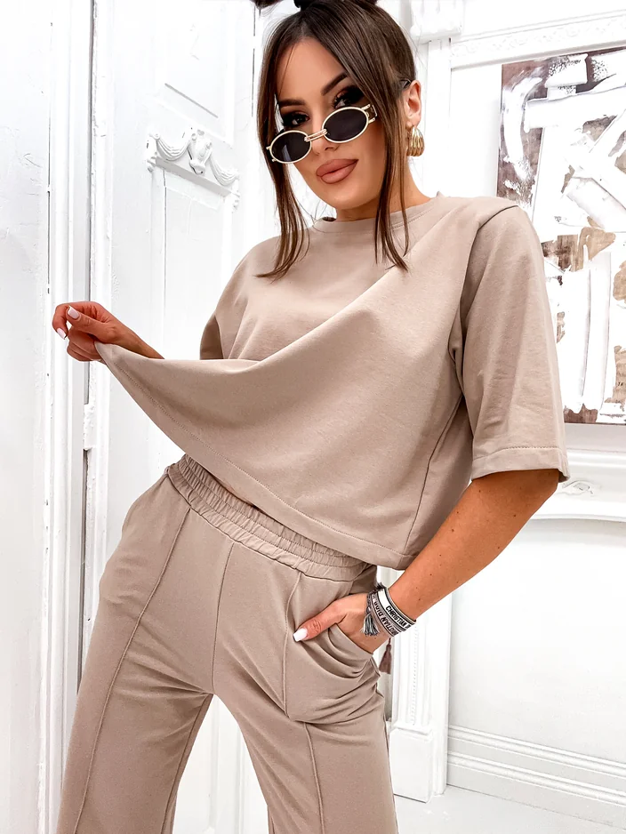 Royalfashion Женски памучен комплект с разкроени панталони