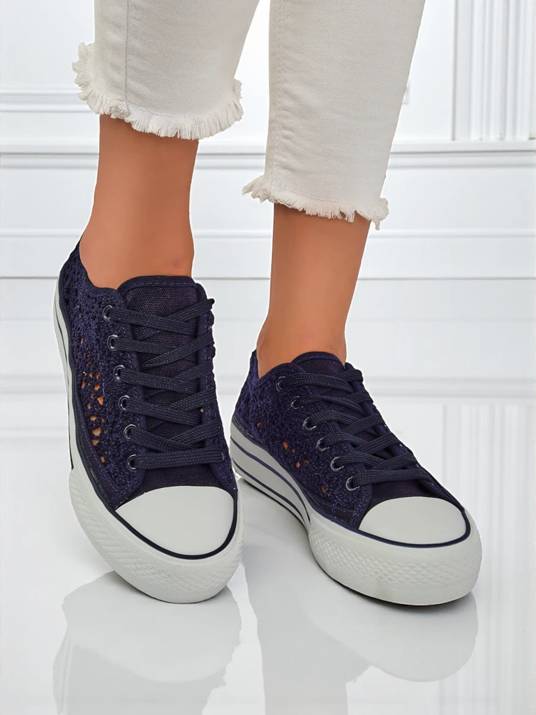 Дамски кецове Aureliana Тъмносини от ажурна тъкан с равна подметка