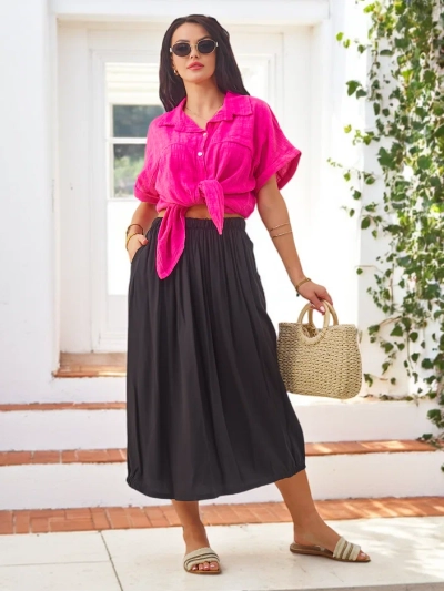 Royalfashion Дамска плетена миди пола, лятна и flowing с два джоба