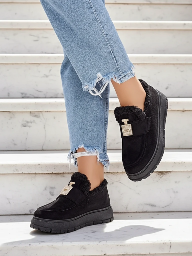 Черни обувки Kalliope с платформа и пух