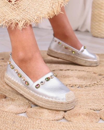 Дамски сребристи еспадрили с кристали Ziennie - Обувки